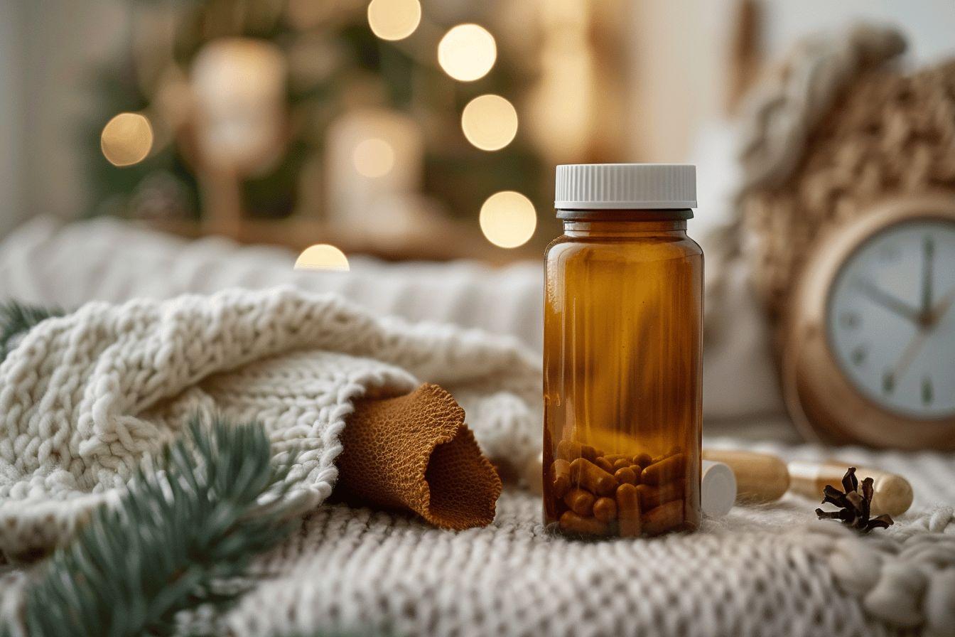Bouteille de médicament entourée de décorations de Noël sur un plaid douillet