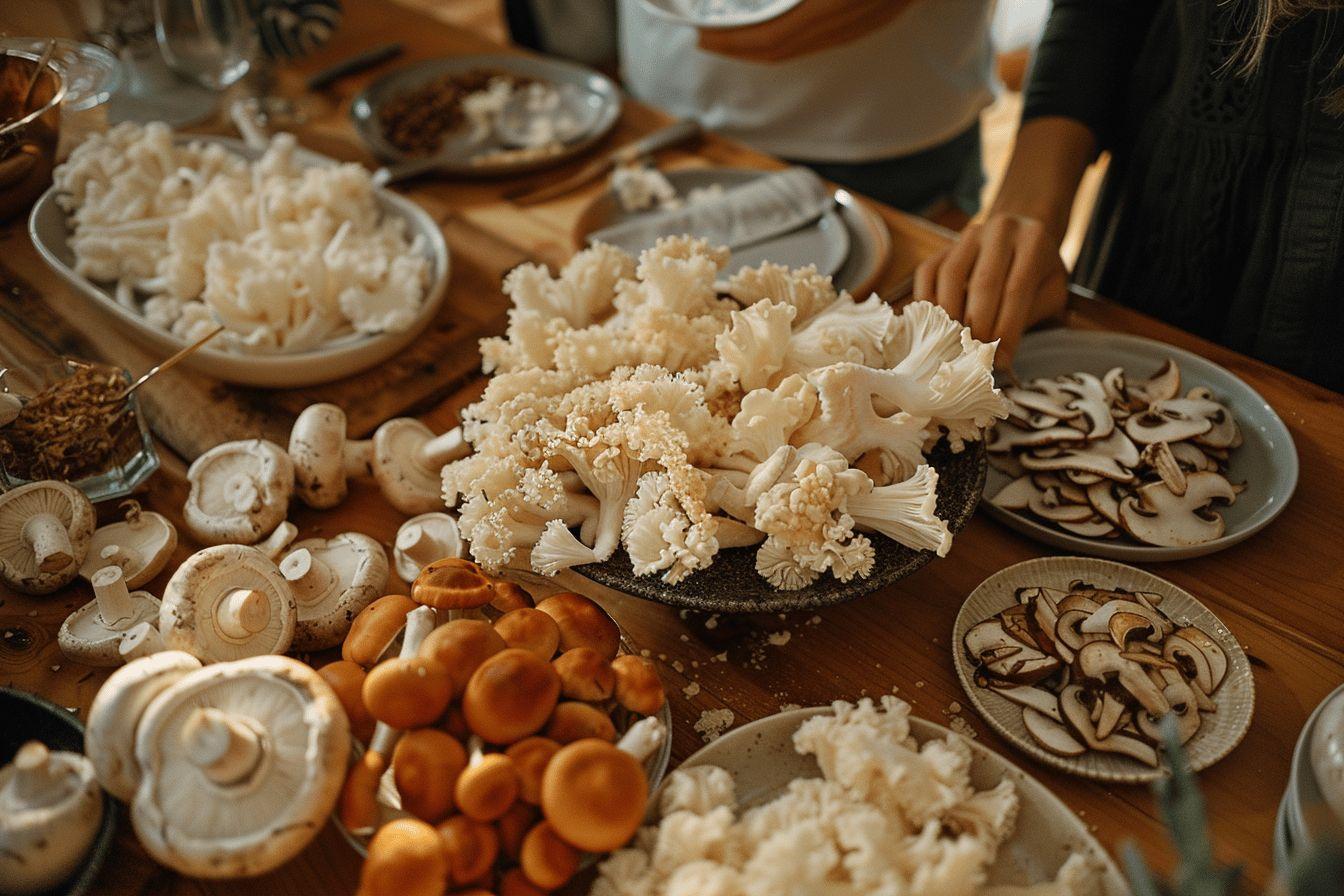 Plateau de divers champignons comestibles sur une table en bois