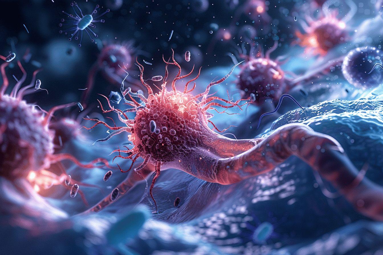 Image détaillée d'une cellule cancéreuse sous forme de rendu 3D.