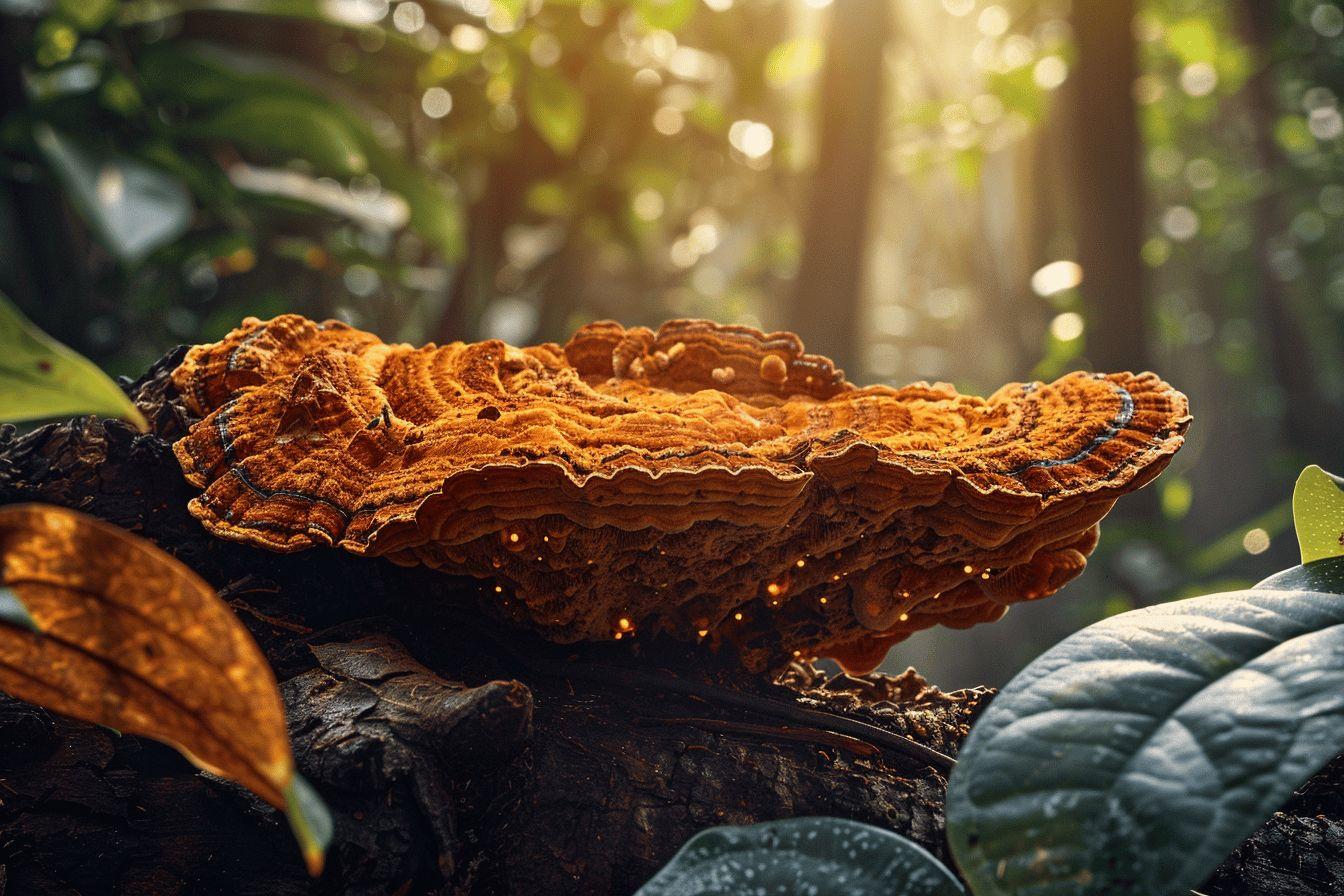 Champignon aux tons orangés reposant sur un tronc d'arbre