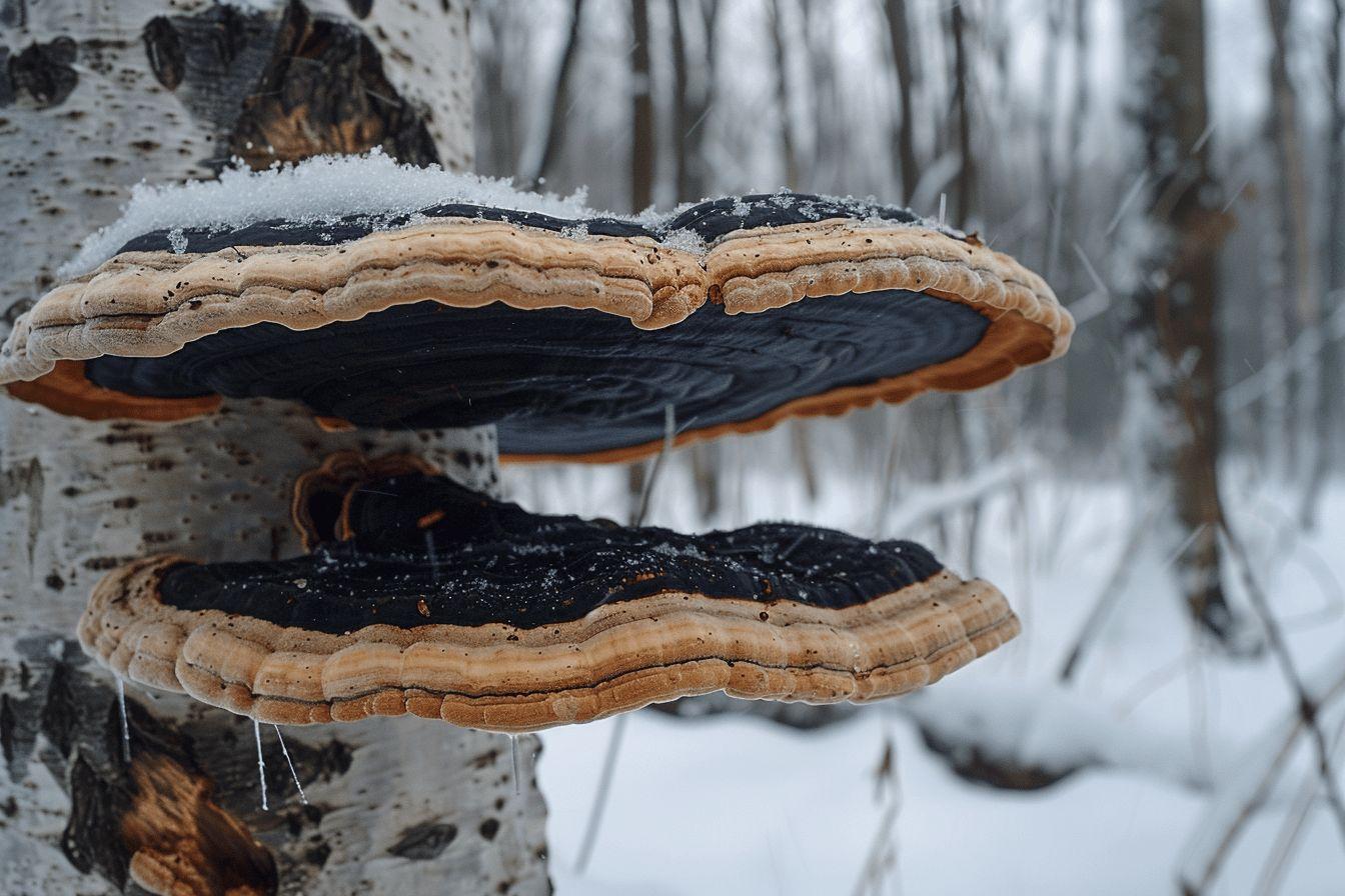 Deux champignons noirs et oranges recouverts de neige sur un tronc d'arbre
