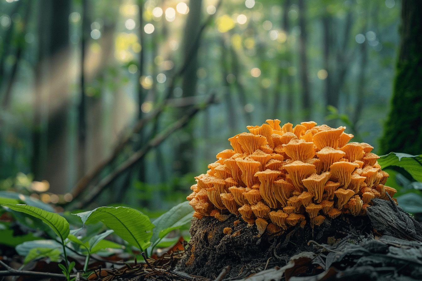 Gros plan sur un groupe de champignons oranges éclatants sur un tronc d'arbre