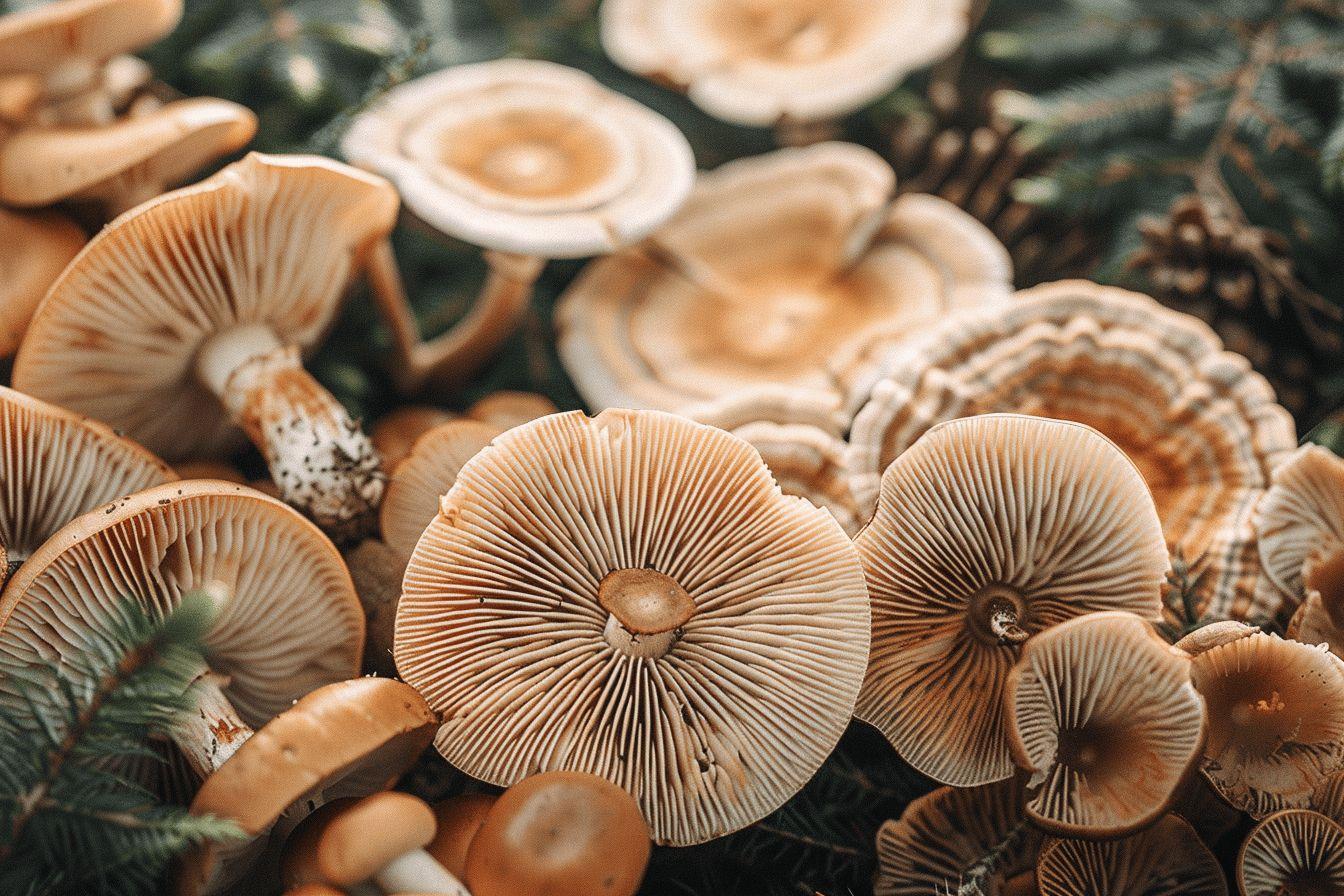Pile de champignons bruns aux motifs rayonnants sur le sol de la forêt