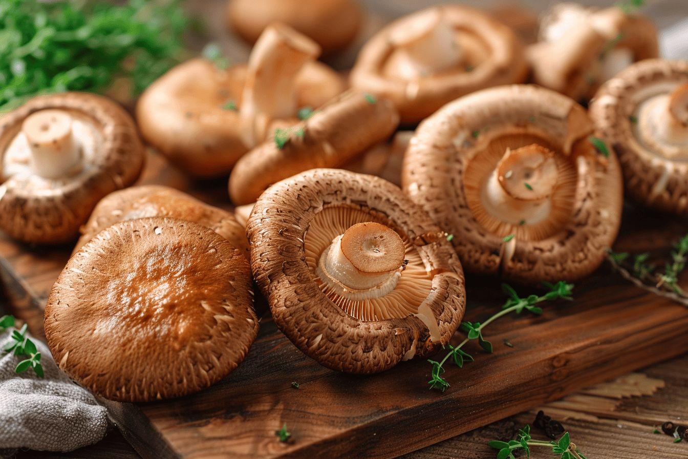 Gros plan sur des champignons de couleur marron sur une planche en bois