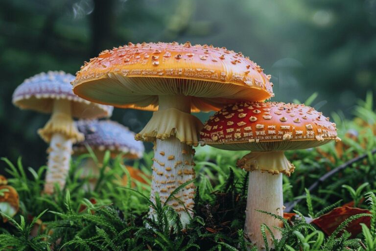Gros plan de champignons orange et blancs dans la végétation verte