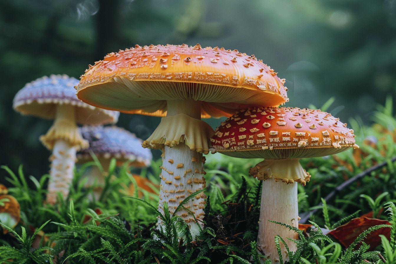Gros plan de champignons orange et blancs dans la végétation verte
