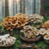 Une collection de champignons de différentes formes et couleurs sur une souche de bois dans une forêt.