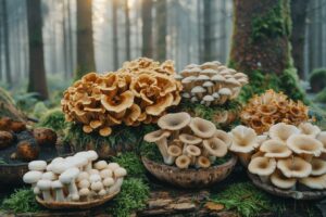 Une collection de champignons de différentes formes et couleurs sur une souche de bois dans une forêt.