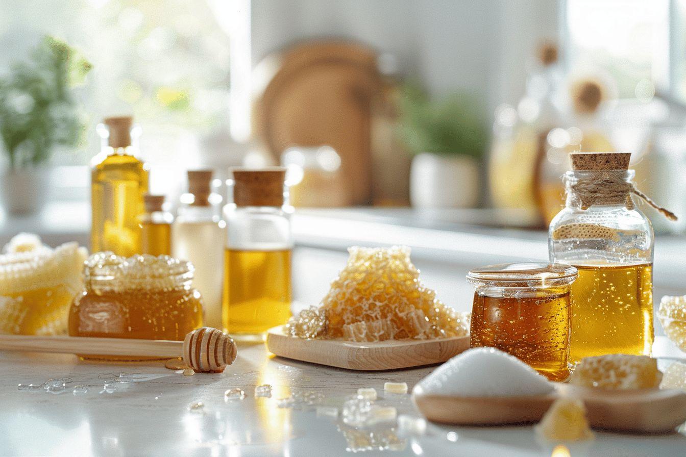 Gros plan sur un ensemble de produits de miel : pots, rayons de miel, huile et accessoires.