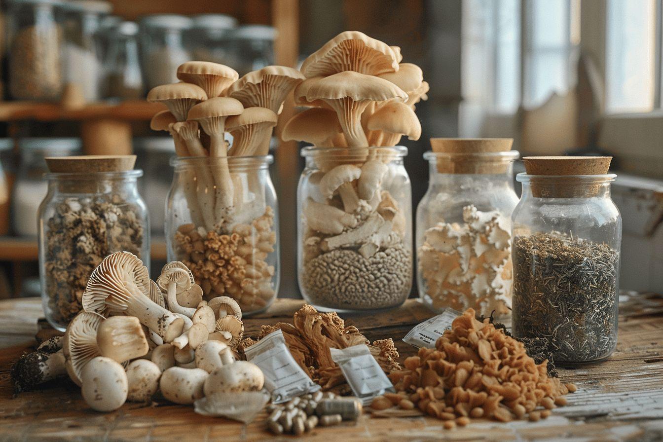 Variété de champignons sauvages dans des bocaux en verre