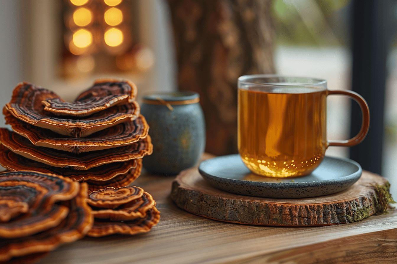 Une tasse de thé chaud posée sur un rondin de bois avec des gâteaux secs empilés à côté