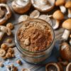 Pot en verre rempli de poudre brune entouré de champignons frais