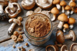 Pot en verre rempli de poudre brune entouré de champignons frais