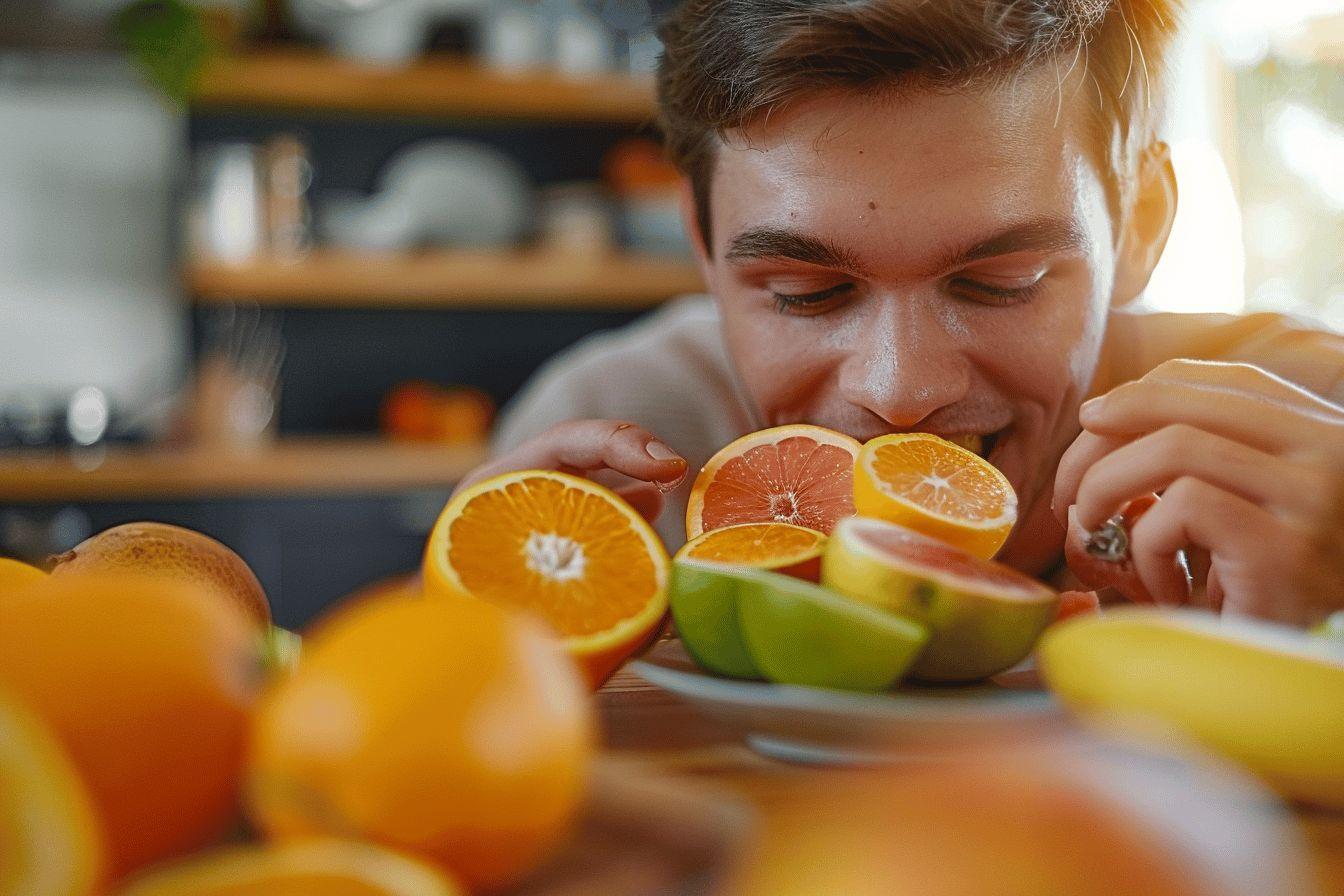 Homme savourant des tranches d'oranges et de citrons dans la cuisine