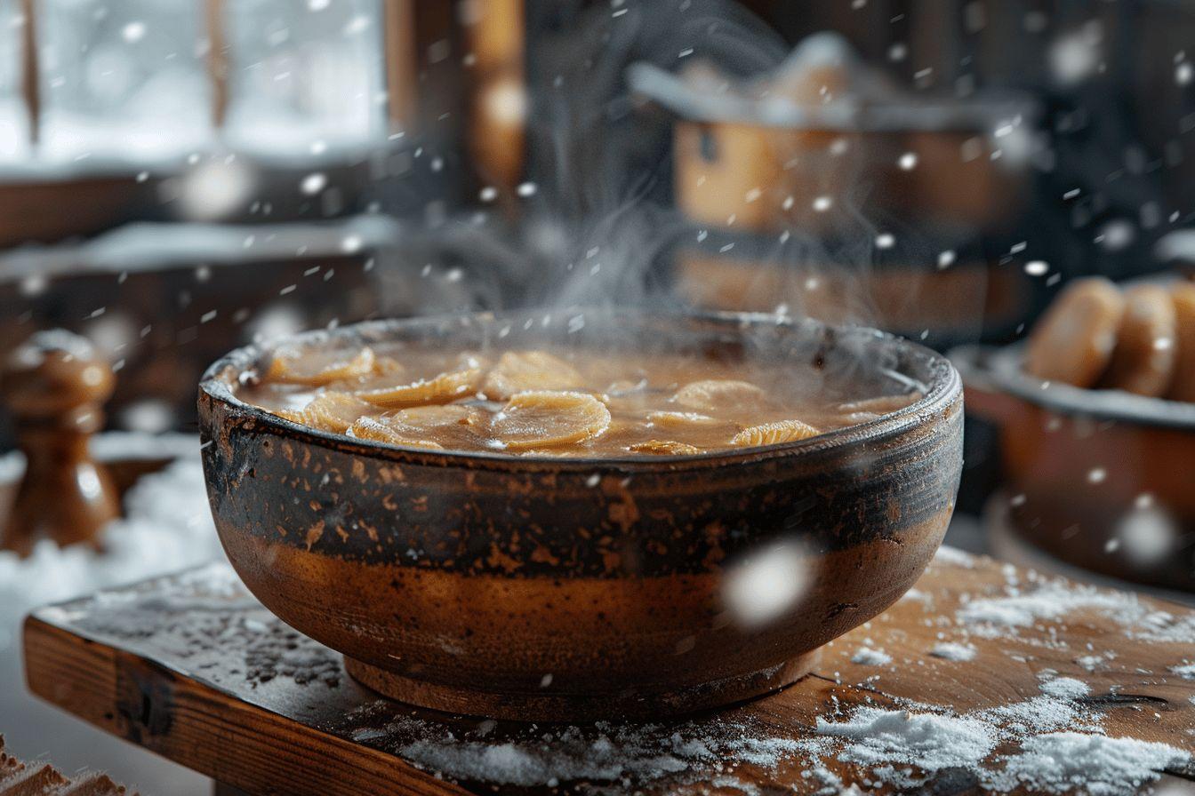 Bol en terre cuite rempli de soupe chaude et fumante avec des tranches de citron