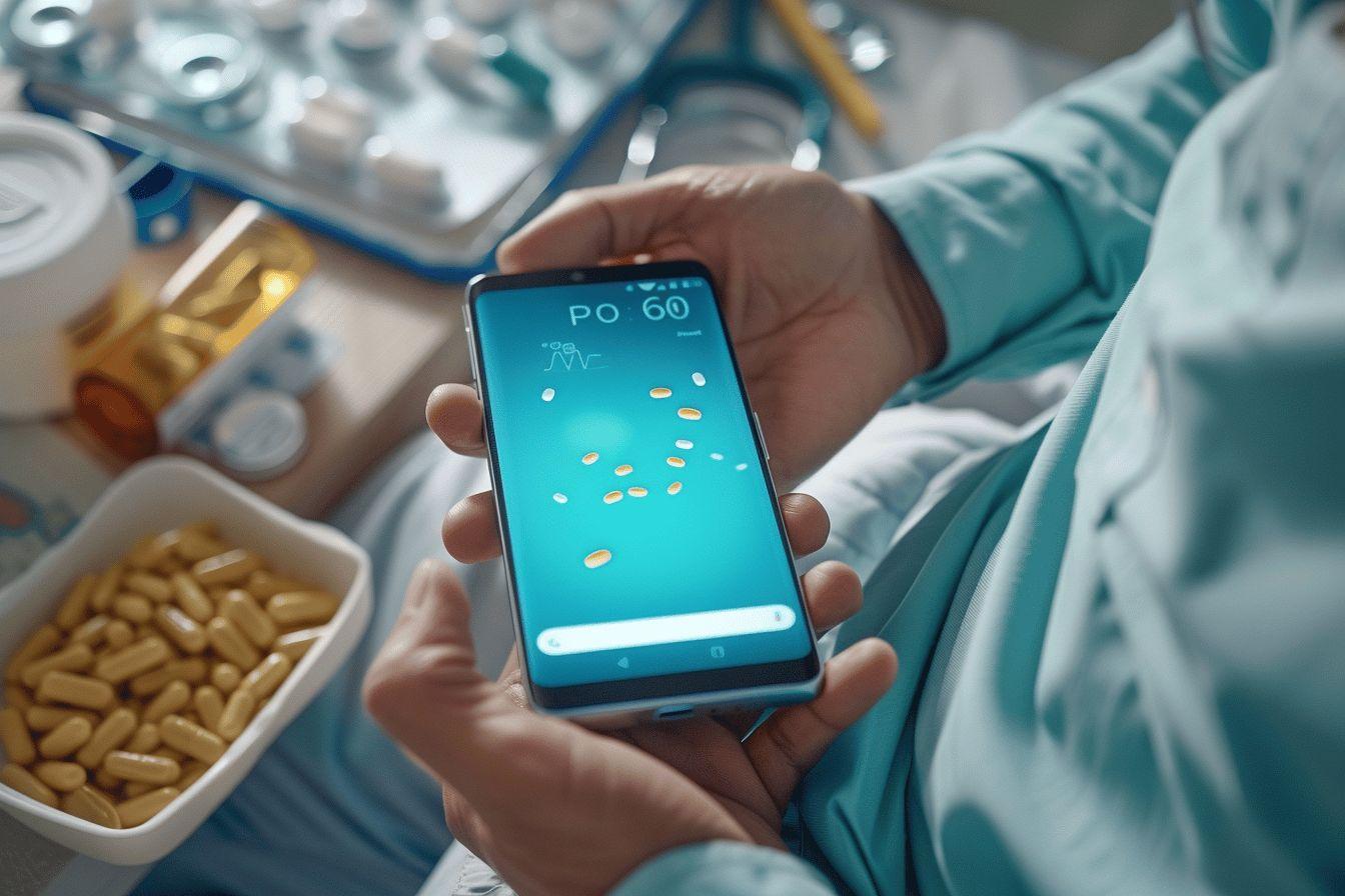 Image d'un médecin tenant un smartphone affichant des données médicales