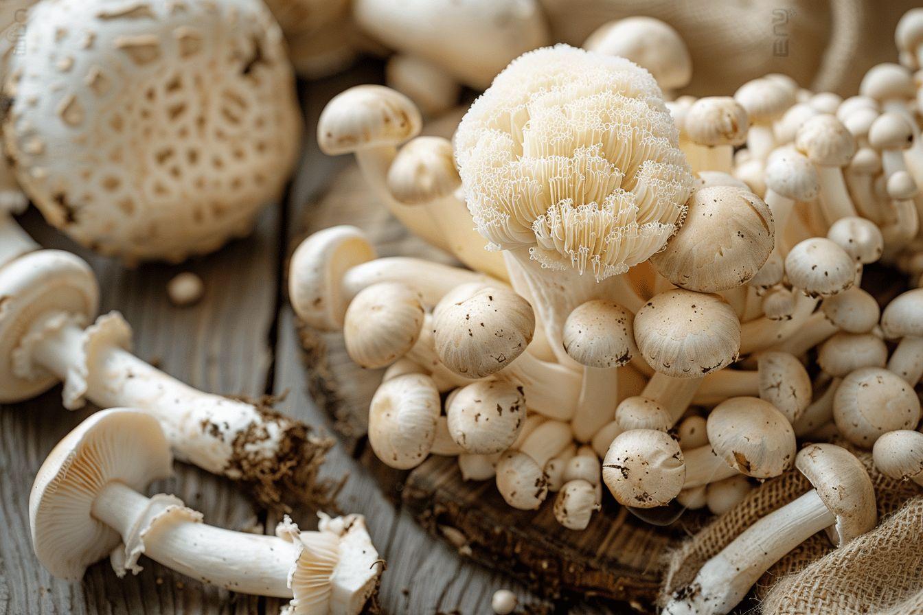 Assortiment de champignons blancs et enveloppants sur un fond sombre