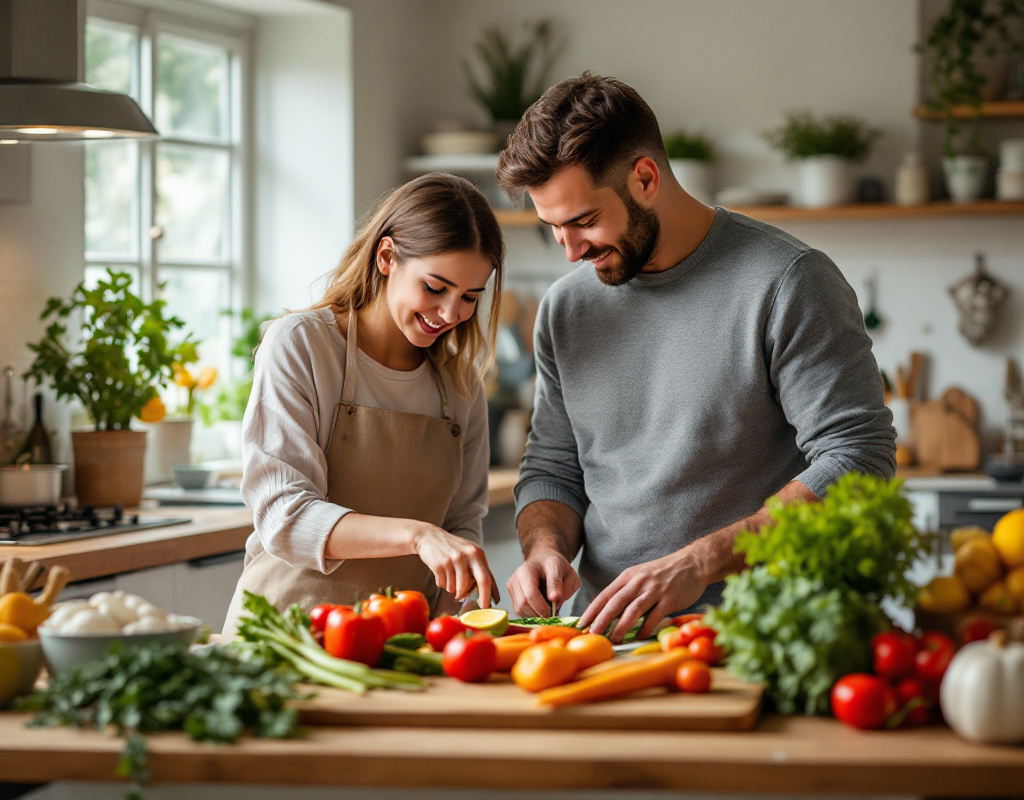 Famille en train de cuisiner des légumes ensemble dans une cuisine familiale