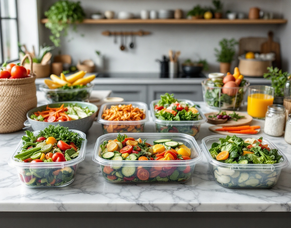 Boîtes repas remplies de légumes pré-découpés dans une cuisine moderne