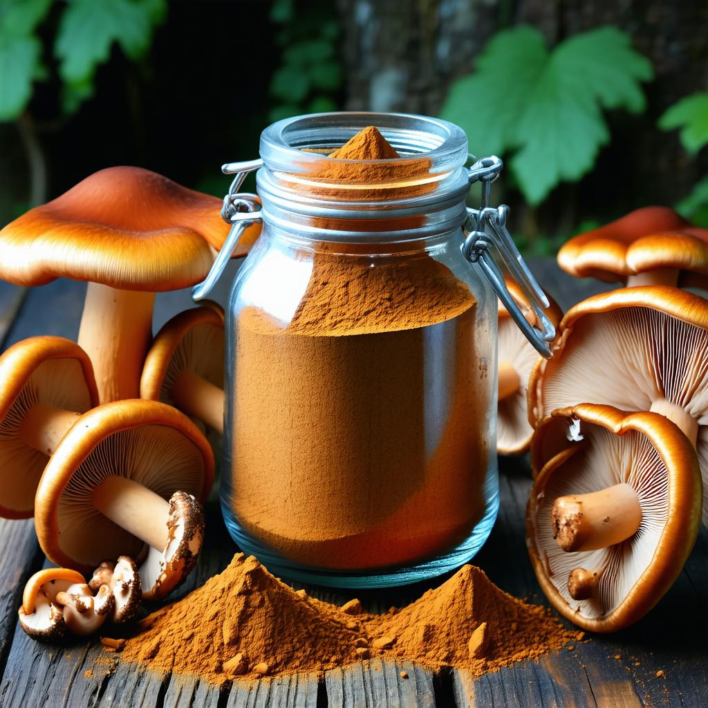 Pot en verre de poudre de Reishi avec des champignons frais