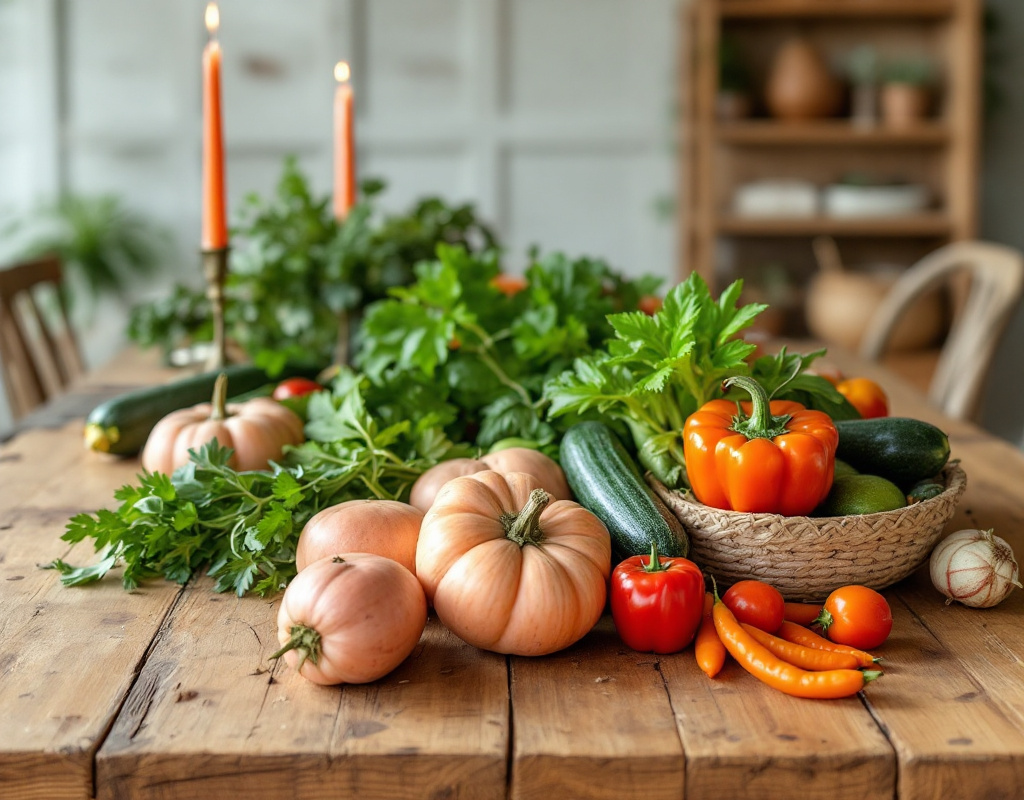 Table rustique présentant des légumes de saison variés