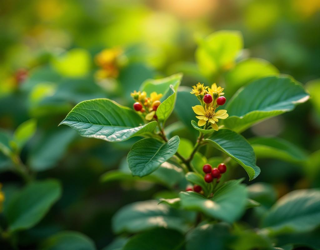 Plante d'ashwagandha (Withania somnifera) avec ses feuilles vertes et baies rouges caractéristiques