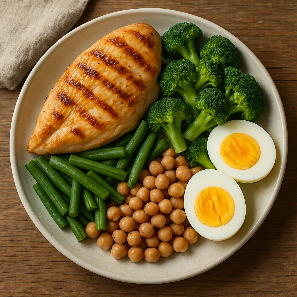Assiette équilibrée riche en leucine avec viandes, œufs et légumineuses