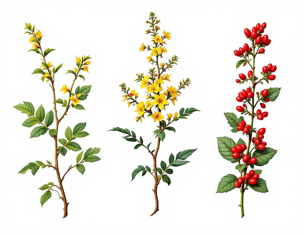 Comparaison visuelle des trois adaptogènes : racine de ginseng, fleur de rhodiola rosea et baies rouges de schisandra