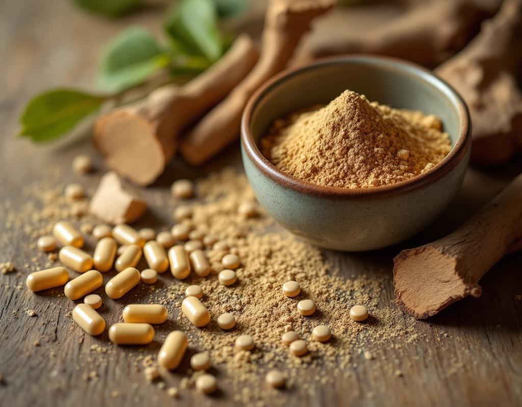 Différentes formes de compléments d'ashwagandha : gélules, poudre et racine séchée