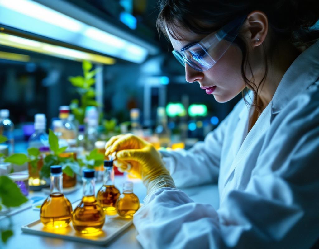 Laborantin analysant des échantillons de plantes médicinales sous hotte de sécurité