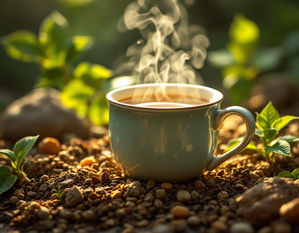Main versant une infusion de plantes adaptogènes dans une tasse en terre cuite