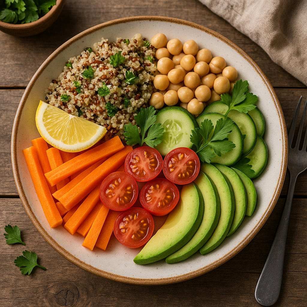 Assiette de salade de quinoa et légumes adaptée au régime DASH végétarien