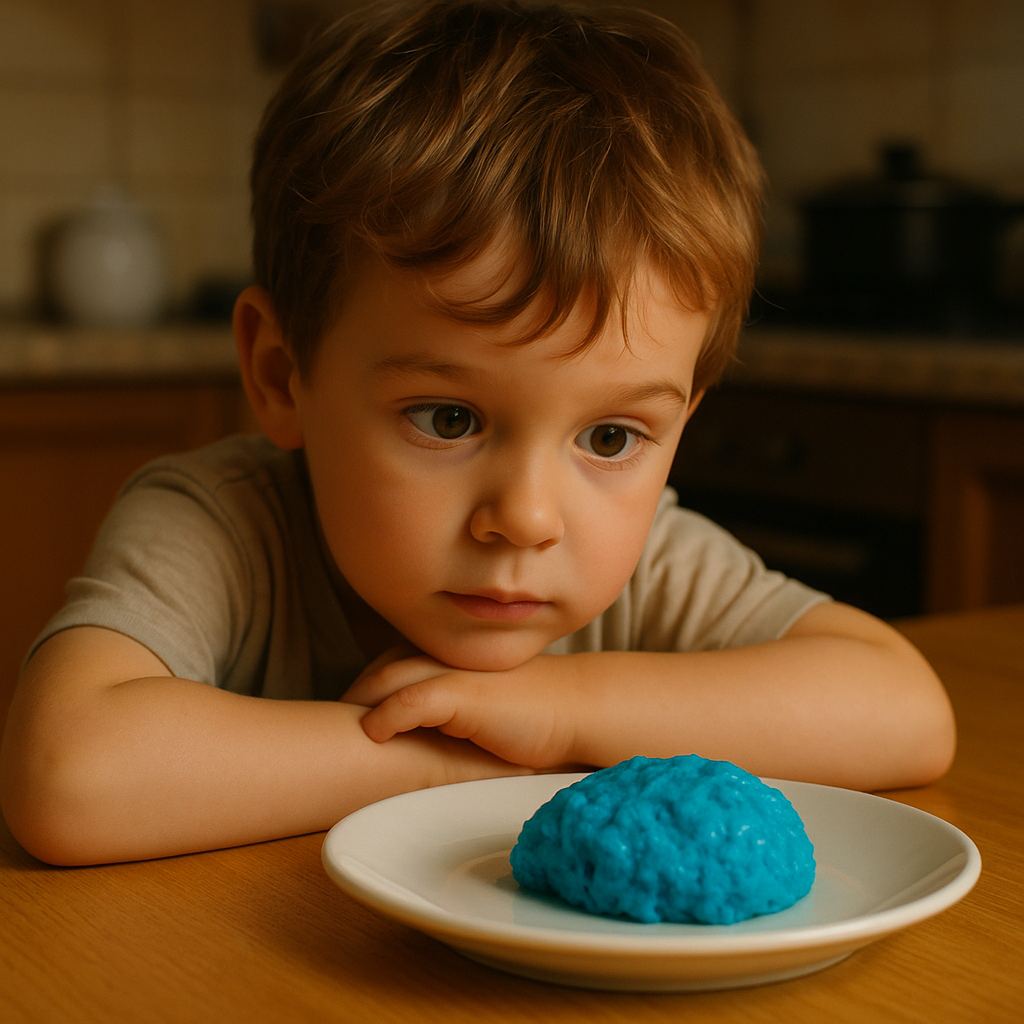 Enfant examinant un aliment coloré avec E133
