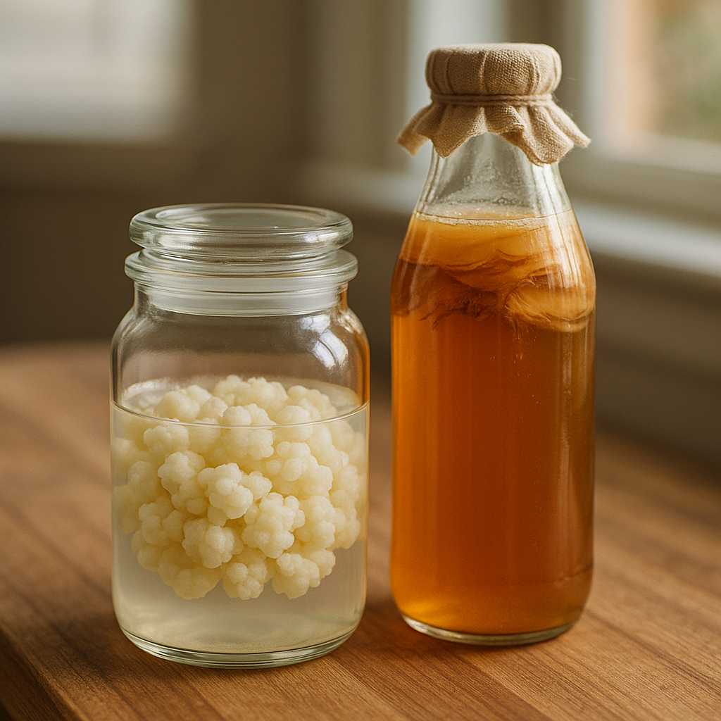 Bocal de kéfir de fruits et bouteille de kombucha en fermentation