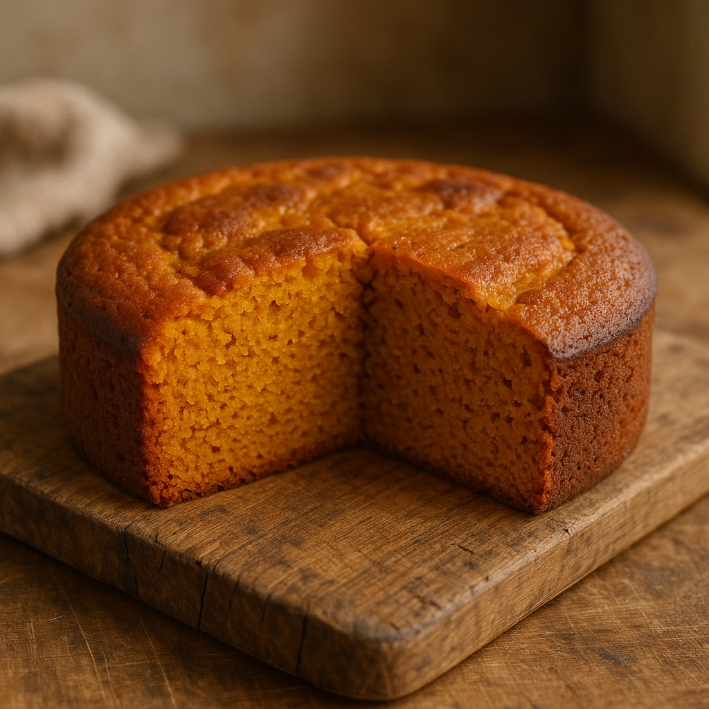 Gâteau moelleux à la farine de patate douce posé sur planche en bois