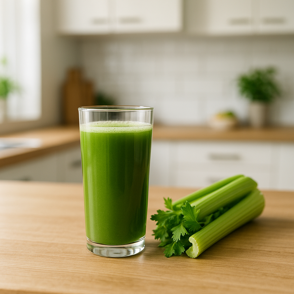 Verre de jus de céleri vert sur une table en bois dans une cuisine moderne