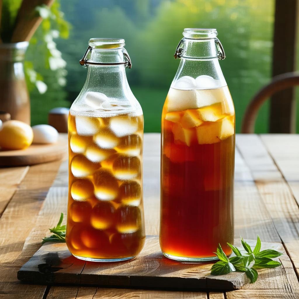 Bouteilles de kombucha et de kéfir côte à côte sur une table en bois