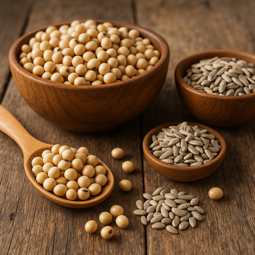 Graines de soja et de tournesol illustrant les sources de lécithine végétale