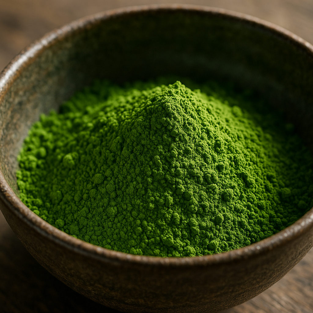 Poudre de matcha de deuxième récolte dans un bol en céramique