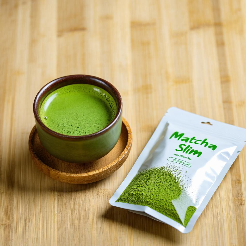 Tasse de matcha vert avec une portion de poudre de Matcha Slim