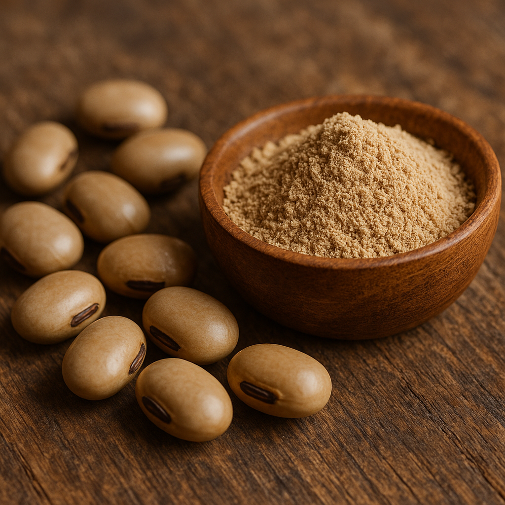 Graine et poudre de Mucuna pruriens illustrant la source naturelle de L-Dopa