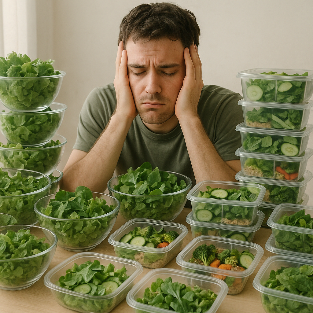 Personne entourée de salades et contenants healthy illustrant l’obsession du manger sain due à l’orthorexie