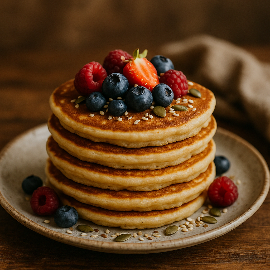 Une pile de pancakes moelleux garnis de fruits, illustrant la recette riche en tryptophane
