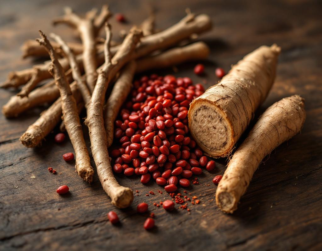 Collection de plantes adaptogènes séchées : racine d'ashwagandha, baies de schisandra et rhizome de rhodiola