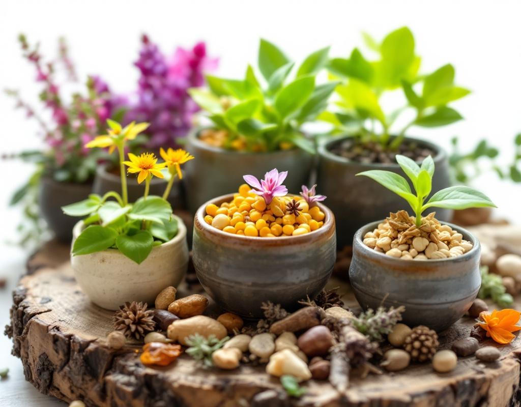 Collection de 10 plantes adaptogènes séchées présentées dans des bols en céramique