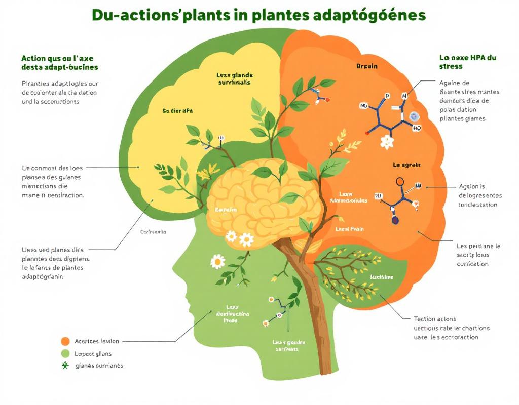 Schéma montrant l'action des plantes adaptogènes sur l'axe du stress dans le corps humain