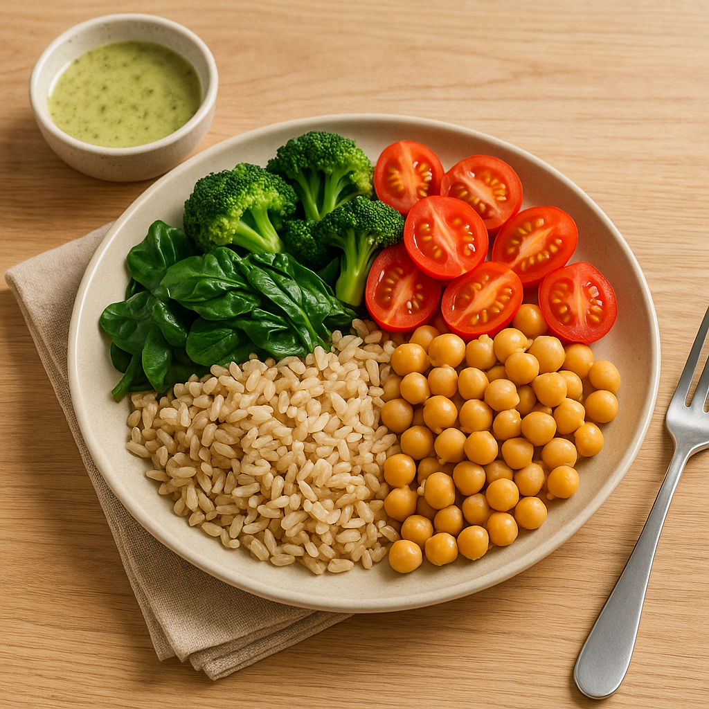 Plateau-repas équilibré à indice glycémique bas avec légumes, légumineuses et céréales complètes