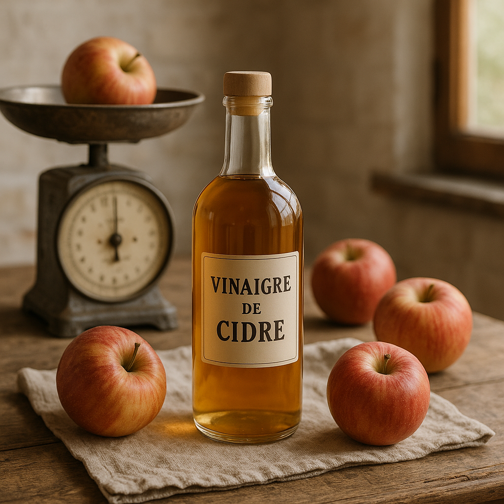 Photographie d'une bouteille de vinaigre de cidre posée à côté d'une balance de cuisine et d'une pomme