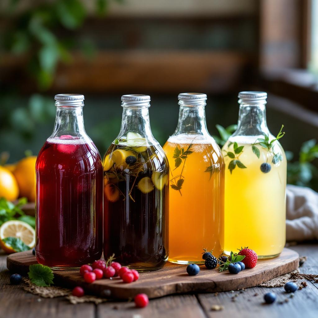 Bouteilles de kombucha aromatisées prêtes à la dégustation